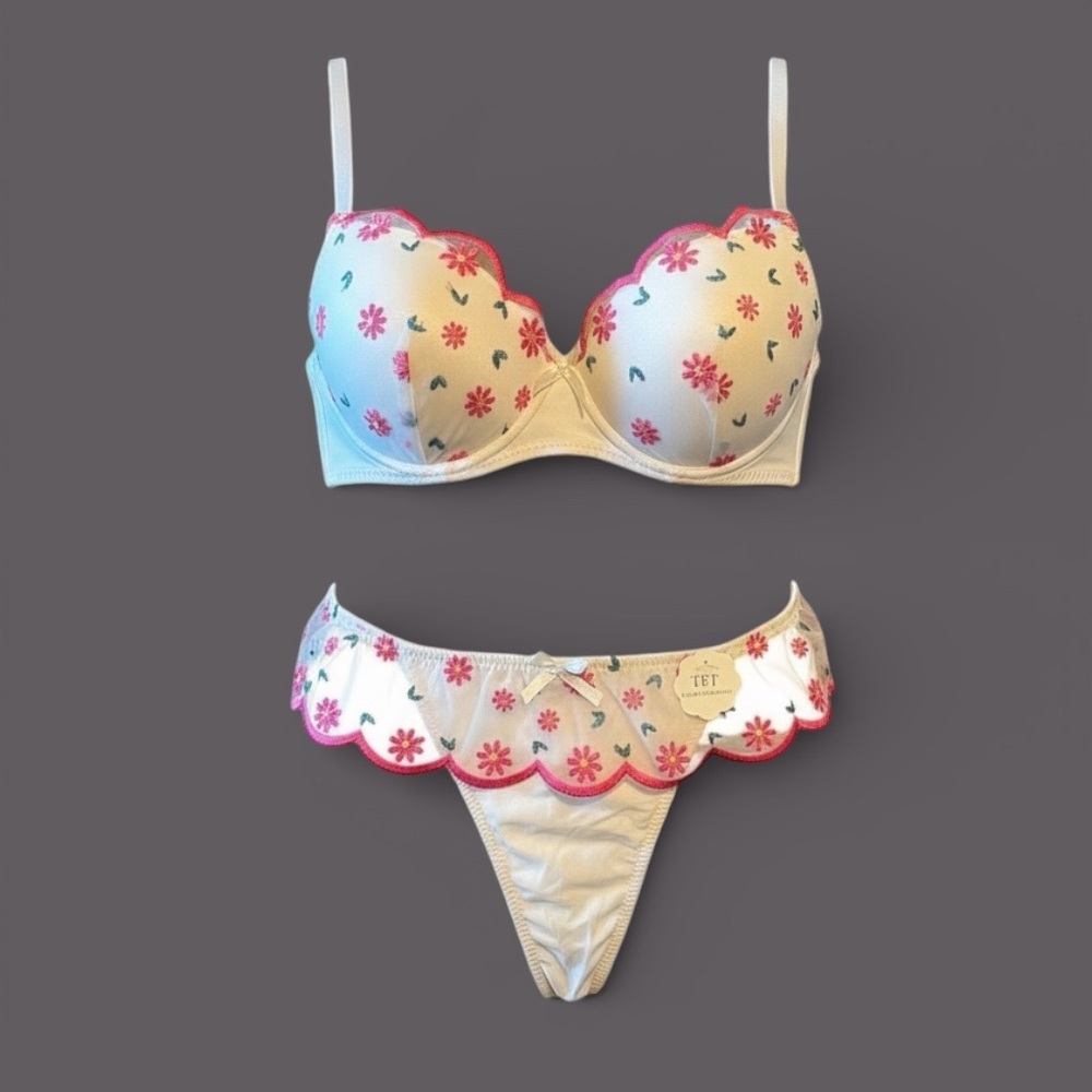 Floral White and Pink Bra and Panty Set